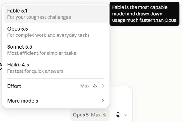 Раскрытый список моделей Claude: Fable, Opus, Sonnet, Haiku с подписями