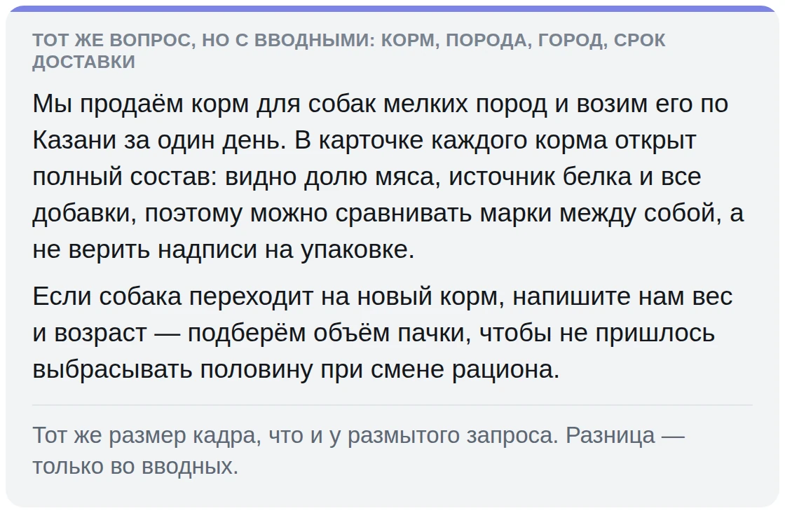 Ответ на тот же запрос, но с вводными про корм и город
