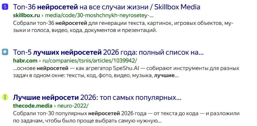 Выдача Яндекса по запросу «лучшие нейросети»: три подборки с годом в заголовке