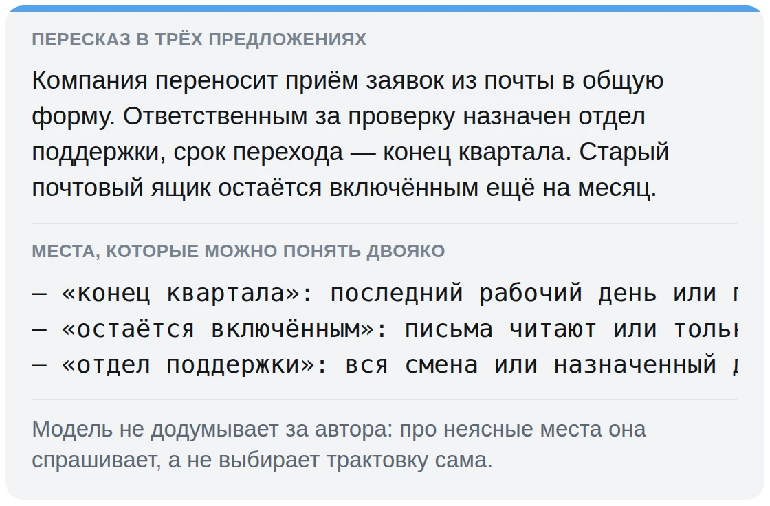 Пересказ рабочего текста в трёх предложениях и список неясных мест